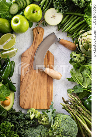Variety of green vegetables and fruits 102676550