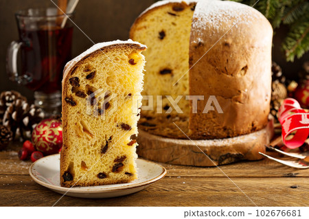Traditional Christmas panettone with dried fruits Traditional Christmas panettone with dried fruits 102676681
