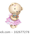 Cute bear in a pink dress with a bouquet of flowers. 102677278