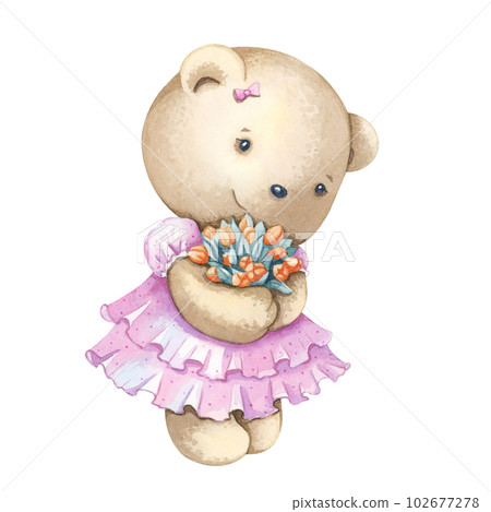 Cute bear in a pink dress with a bouquet of flowers. 102677278