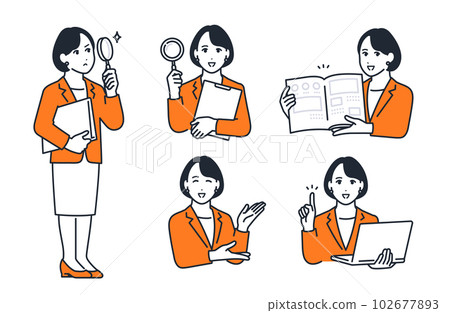 Simple facial expression illustration set material of a young business woman 102677893