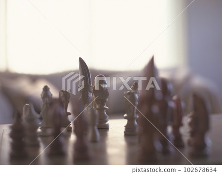 陽光明媚的客廳民族棋盤和棋子由大理石製成 102678634