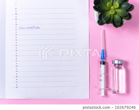 Close up view photo of word vaccination written in daily planner 102679246