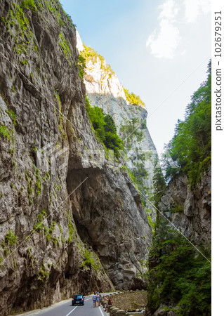Dangerous road through the Bicaz Gorge in Romania Dangerous road through the Bicaz Gorge in Romania 102679251