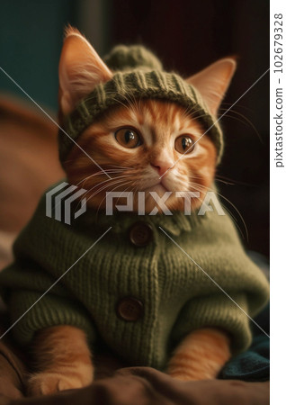 Ginger kitten in chunky knit green sweater and hat. Generative AI 102679328