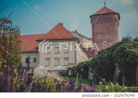 Wawel Senator Tower with castle, lawns, ivy, umbrellas, flowers and bushes 102679349