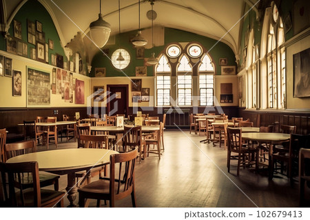 English tea room interior in vintage style. Generative AI 102679413