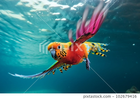 Bright yellow red tropical budgie underwater. Generative AI 102679416