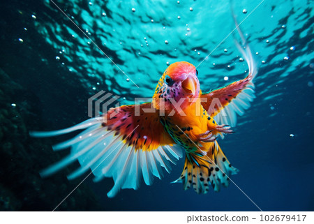 Bright yellow red tropical budgie underwater. Generative AI 102679417