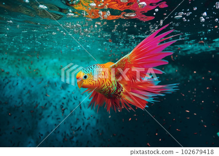 Bright yellow red tropical budgie underwater. Generative AI Bright yellow red tropical budgie underwater. Generative AI 102679418