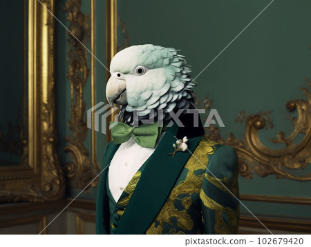 Green model parrot in fashion scarf and costume. Generative AI 102679420