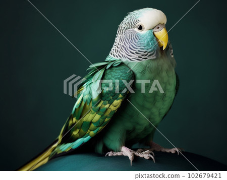 Green model budgie in luxury fashion style. Generative AI 102679421