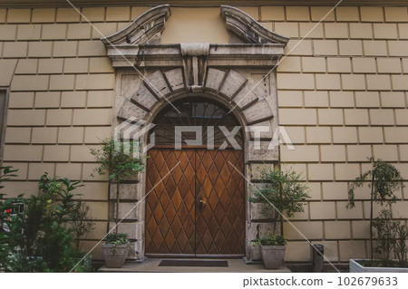 two-leaf wooden door under a semicircular arch of stone, with pots with bushes two-leaf wooden door under a semicircular arch of stone, with pots with bushes 102679633