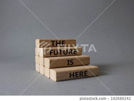 The future is here symbol. Concept words TThe future is here on wooden blocks. Beautiful grey background. Business and The future is here concept. Copy space. The future is here symbol. Concept words TThe future is here on wooden blocks. Beautiful grey background. Business and The future is here concept. Copy space. 102680242