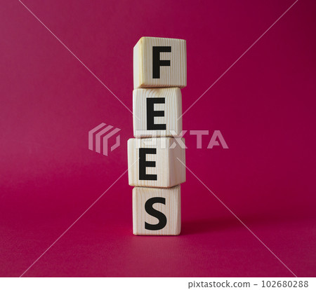 Fees symbol. Concept word Fees on wooden cubes. Beautiful red background. Business and Fees concept. Copy space. 102680288