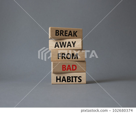 Break away from bad habits symbol. Wooden blocks with words Break away from bad habits. Beautiful grey background. Business and Break away from bad habits concept. Copy space. Break away from bad habits symbol. Wooden blocks with words Break away from bad habits. Beautiful grey background. Business and Break away from bad habits concept. Copy space. 102680374