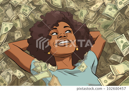 rich young african woman lying in a pile of dollar bills girl making money illustration 102680457