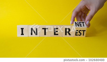 Internet and Interest symbol. Businessman Hand turns cubes and changes words Interest to Internet. Beautiful yellow background. Business and Internet and Interest. Copy space Internet and Interest symbol. Businessman Hand turns cubes and changes words Interest to Internet. Beautiful yellow background. Business and Internet and Interest. Copy space 102680480