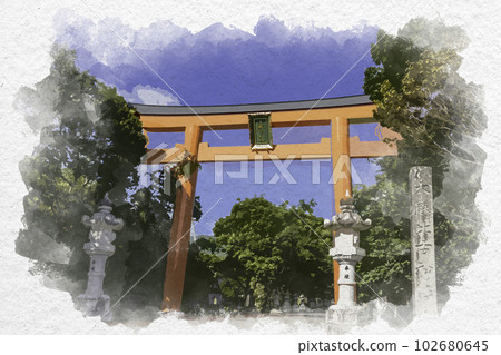 Otorii gate of Oasahiko Shrine, in a watercolor style, Naruto City, Tokushima Prefecture 102680645