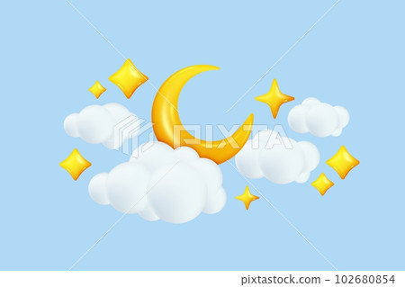 3d moon. Sleep baby clouds, dream gold icons, lullaby for insomnia, night or light day sky and stars, crescent and fluffy clouds, stars. Celestial composition. Vector cartoon render elements 3d moon. Sleep baby clouds, dream gold icons, lullaby for insomnia, night or light day sky and stars, crescent and fluffy clouds, stars. Celestial composition. Vector cartoon render elements 102680854