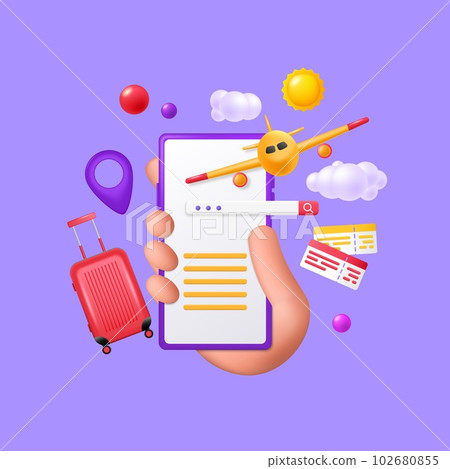 3d travel icons. Vacation plane, phone, airplane and flight card, suitcase in hand, ticket to trip. Hand hold smartphone, booking application. Cute render elements. Vector cartoon concept 3d travel icons. Vacation plane, phone, airplane and flight card, suitcase in hand, ticket to trip. Hand hold smartphone, booking application. Cute render elements. Vector cartoon concept 102680855