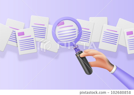 Magnified glass, many papers, hand hold optical tool. Employer looking for contract, cv search or review, information. Business concept. Vector cartoon 3d render illustration 102680858