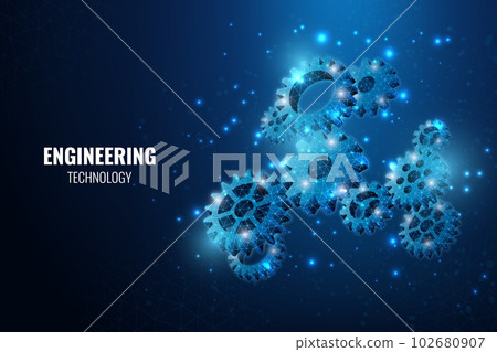 3D gear construction. Engineering technology. Blue neon cogwheel mechanisms. Abstract machine wheels for development. Technical wireframe machinery. Vector realistic background design 102680907