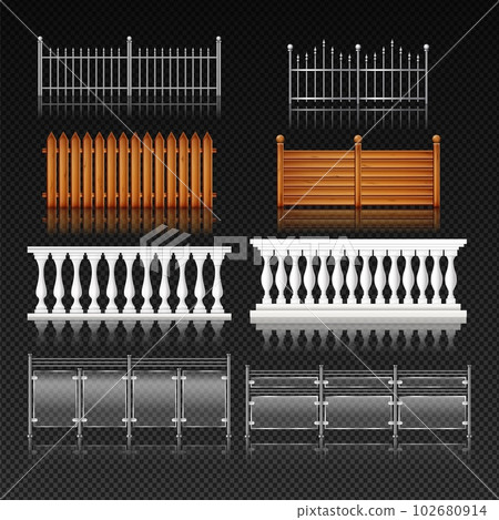 Balcony rail. Glass or wooden stairs handrails. Iron fence with banister and baluster. Door metal or stainless safety balustrade. Architecture elements. Vector realistic enclosures set 102680914