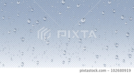 Water drops. Rain splash on transparent background, glass with wet fresh droplets, pure dew or raindrop on white window, shower drip and steam. Liquid condensation. Vector realistic background 102680919