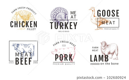 Cow meat logo. Pig animal, farm pork or chicken colorful sketch style, sheep beef or poultry for butchery emblem, cattle label. Logotype and packaging design elements. Vector food signs set 102680924