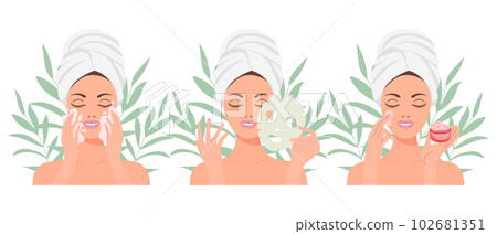 Facial skin care. A woman takes care of her skin. Cosmetic masks, patches, cream, lotion, soap, face mousse. Clip art set, vector Facial skin care. A woman takes care of her skin. Cosmetic masks, patches, cream, lotion, soap, face mousse. Clip art set, vector 102681351