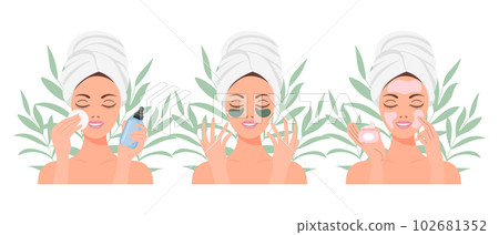 Facial skin care. A woman takes care of her skin. Cosmetic masks, patches, cream, lotion, soap, face mousse. Clip art set, vector Facial skin care. A woman takes care of her skin. Cosmetic masks, patches, cream, lotion, soap, face mousse. Clip art set, vector 102681352