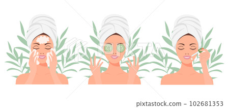 Facial skin care. A woman takes care of her skin. Cosmetic masks, patches, cream, lotion, soap, face mousse. Clip art set, vector 102681353