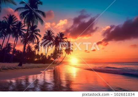 Palm trees silhouettes on tropical beach at sunset Palm trees silhouettes on tropical beach at sunset 102681834