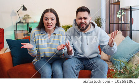 Family man woman asking why, what reason of failure, demonstrating disbelief irritation by troubles Family man woman asking why, what reason of failure, demonstrating disbelief irritation by troubles 102681863