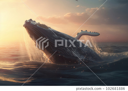 This incredible photo captures the beauty of a humpback whale as it breaches out of the ocean, surrounded by the stunning blue water. AI Generative. 102681886
