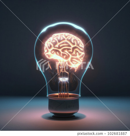Light bulb with a glowing brain inside represents the potential for innovative thinking and the power of intelligence. This image is perfect for showcasing the concept of vision. AI Generative 102681887