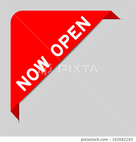 Red color of corner label banner with word now open on gray background 102682283