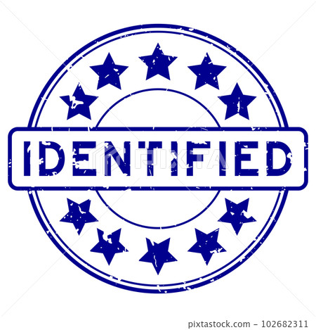 Grunge blue identified word with star icon round rubber seal stamp on white background 102682311