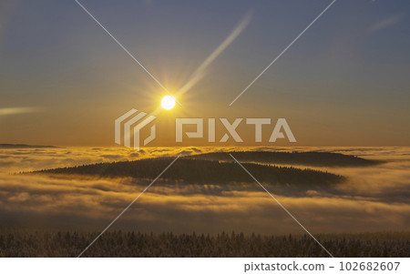 Sunrise in winter landscape near Velka Destna, Orlicke mountains, Eastern Bohemia, Czech Republic Sunrise in winter landscape near Velka Destna, Orlicke mountains, Eastern Bohemia, Czech Republic 102682607