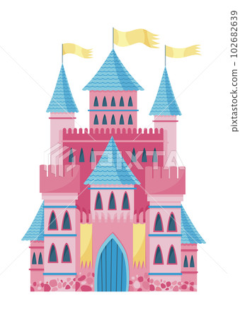 Fairy tale castle. Cartoon fantasy palace with towers, vector medieval fort or fortress. Fairy tale kingdom house building Fairy tale castle. Cartoon fantasy palace with towers, vector medieval fort or fortress. Fairy tale kingdom house building 102682639