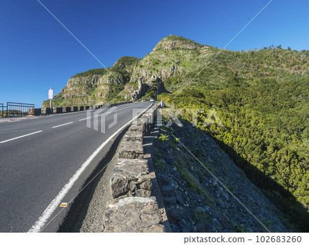 High road with mountains Los Roques near lookout Mirador de Roque Agando in Garajonay National Park on La Gomera, Canary Islands, Spain, Europe. Horizontal 102683260