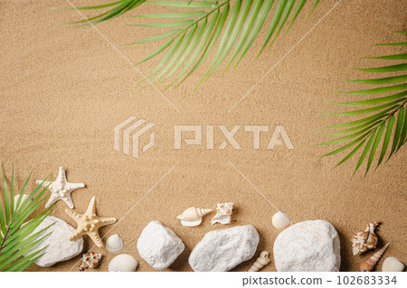 starfishes and sea shells on sand starfishes and sea shells on sand 102683334