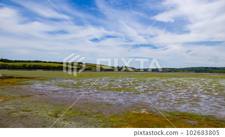 tidal plains in the south of Ireland on a summer day. Irish landscape. A tidal marsh is a marsh which floods and drains by the tidal movement of the adjacent estuary, sea or ocean. tidal wetland 102683805