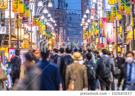 The first Friday after the transition to the fifth category of Tokyo cityscape in Japan. Shimbashi Nishiguchi street full of people…=May 12 102683837