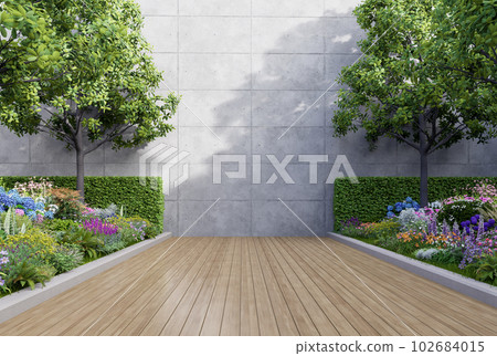 Empty exterior concrete wall with colorful flower garden 3d render 102684015