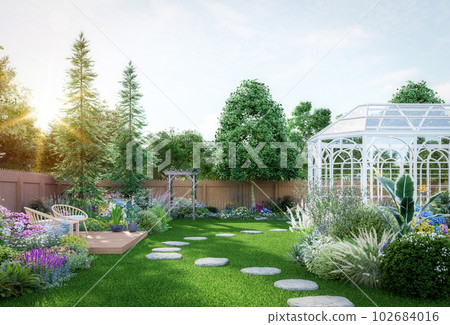 Luxury colorful backyard garden with glasshouse 3d render 102684016