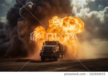 Freight fuel truck explosion with fire and smoke. Generative AI illustration Freight fuel truck explosion with fire and smoke. Generative AI illustration 102684635