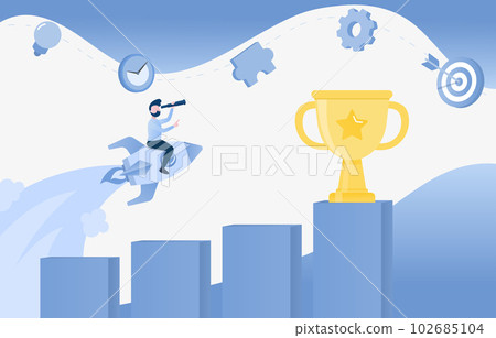 Business ideas concept. Go to success. Businessman riding a rocket pointing a finger at the trophy.  102685104