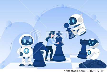 Business and teamwork between human and robot concept. Playing chess means strategy management, tactics, support, competition, improvement and development. 102685105